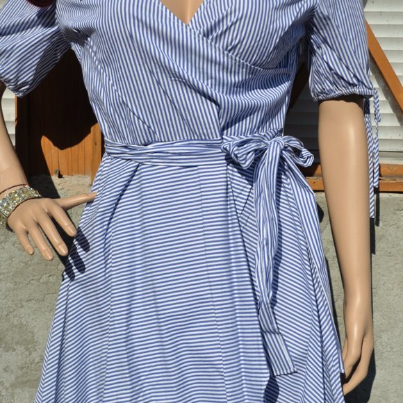 Women's V Neck Stripe High Low Dress Short Sleeves - Picture 2 of 4